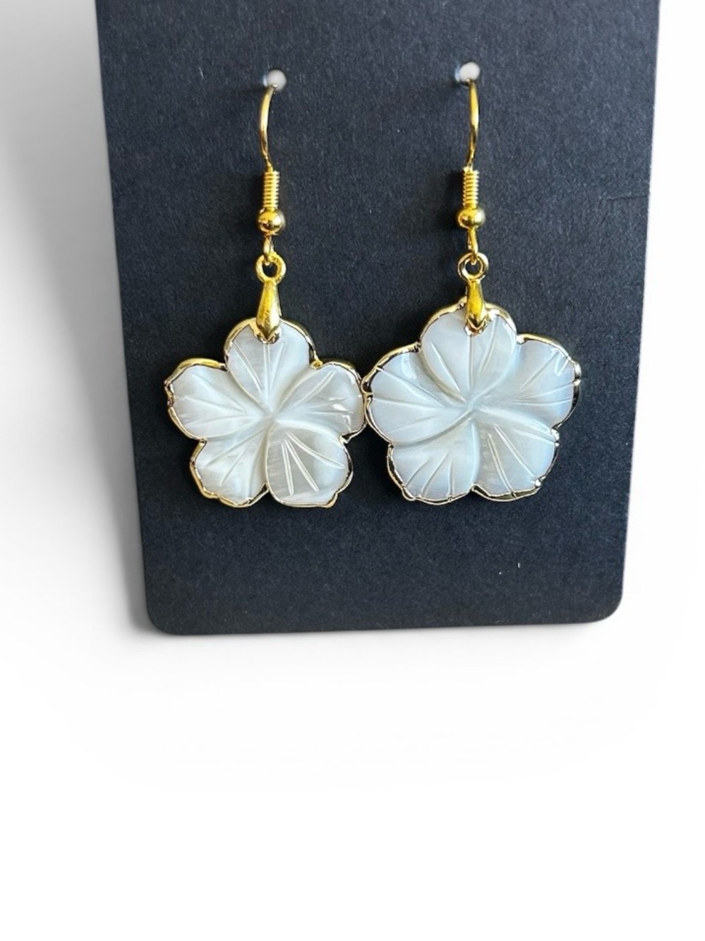 Gold-Trim White Flower Drop Earrings - Women Jewelry